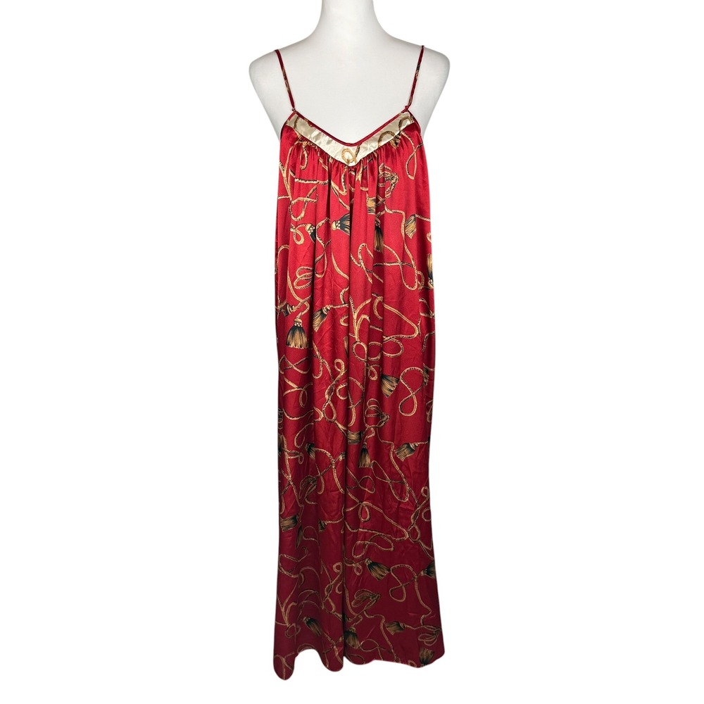 Mary McFadden Vintage Red Satin Rope Tassel Print Maxi Nightgown Chemise Large